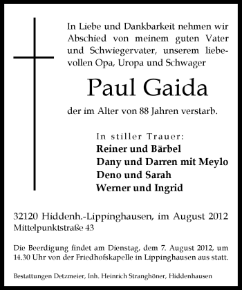 Traueranzeige von Paul Gaida von Neue Westfälische