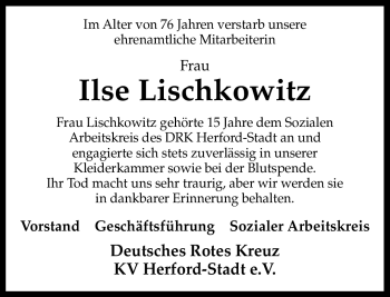 Traueranzeige von Ilse Lischkowitz von Neue Westfälische