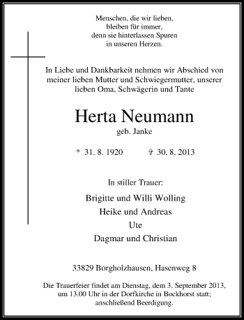 Traueranzeige von Herta Neumann von Neue Westfälische
