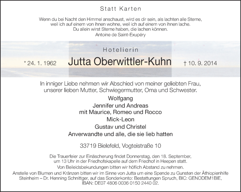  Traueranzeige für Jutta Oberwittler-Kuhn vom 13.09.2014 aus Neue Westfälische