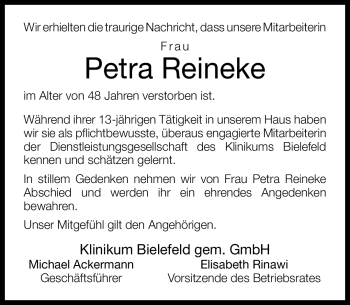 Traueranzeige von Petra Reineke von Neue Westfälische