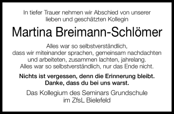 Traueranzeige von Martina Breimann-Schlömer von Neue Westfälische