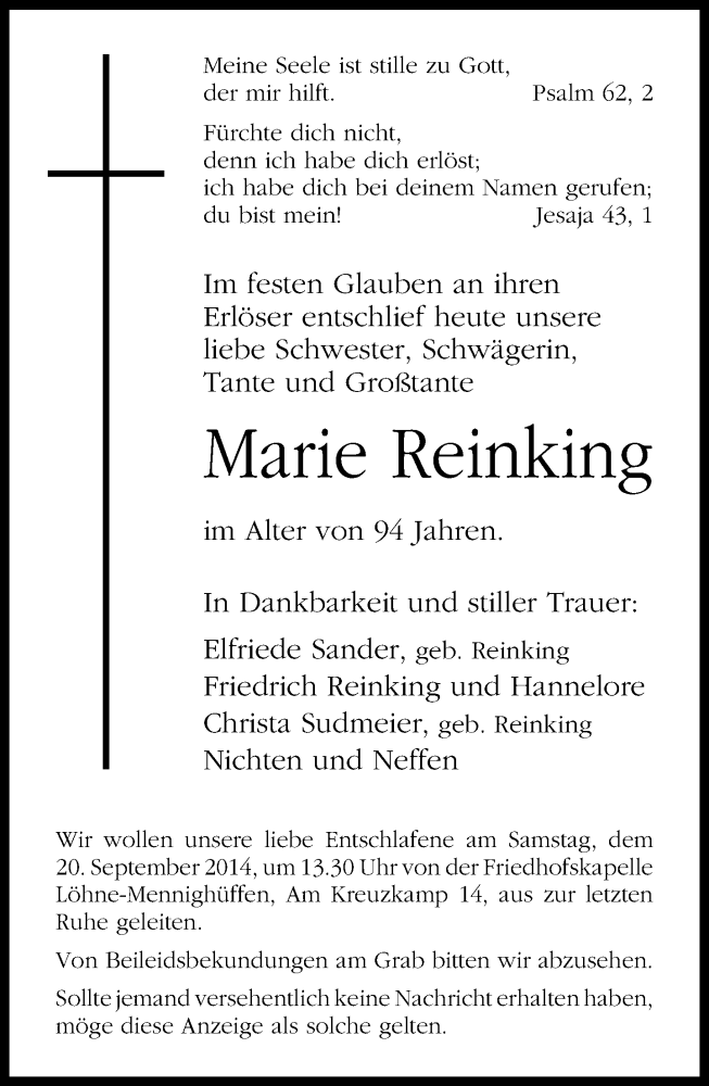  Traueranzeige für Marie Reinking vom 17.09.2014 aus Neue Westfälische