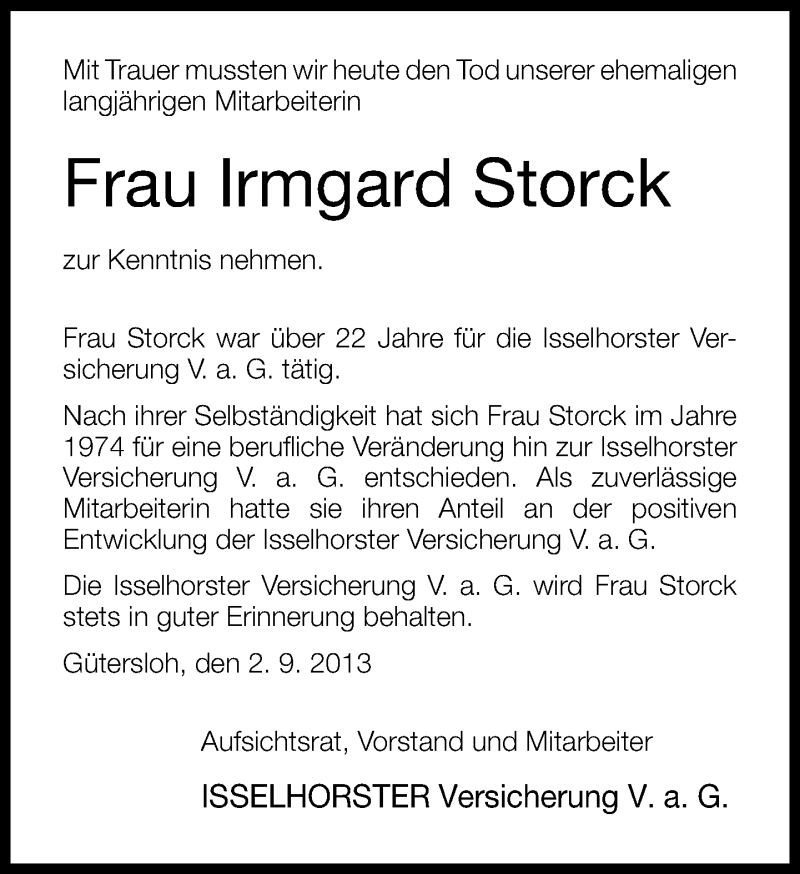  Traueranzeige für Irgard Storck vom 05.09.2013 aus Neue Westfälische