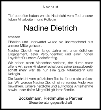 Traueranzeige von Nadine Dietrich von Neue Westfälische