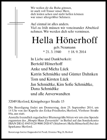 Traueranzeige von Hella Hönerhoff von Neue Westfälische