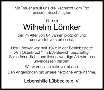 Traueranzeige von Wilhelm Lömker von Neue Westfälische