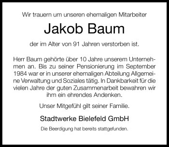 Traueranzeige von Jakob Baum von Neue Westfälische