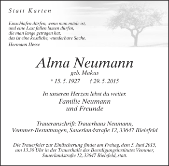 Traueranzeige von Alma Neumann von Neue Westfälische