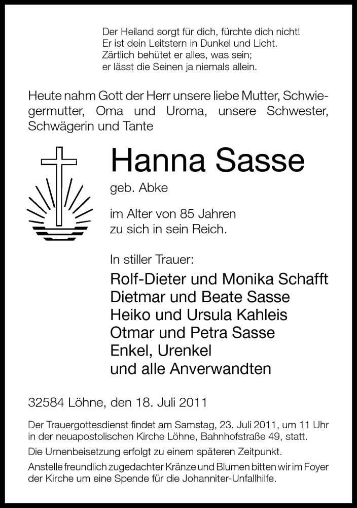  Traueranzeige für Hanna Sasse vom 20.07.2011 aus Neue Westfälische