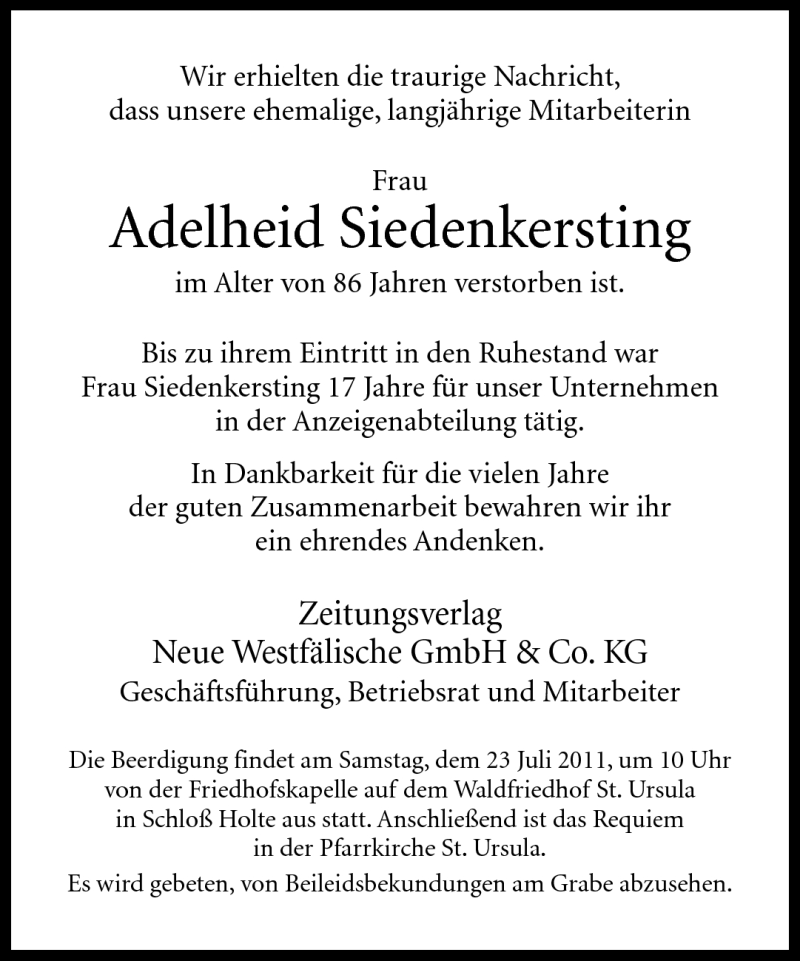  Traueranzeige für Adelheid Siedenkersting vom 21.07.2011 aus Neue Westfälische