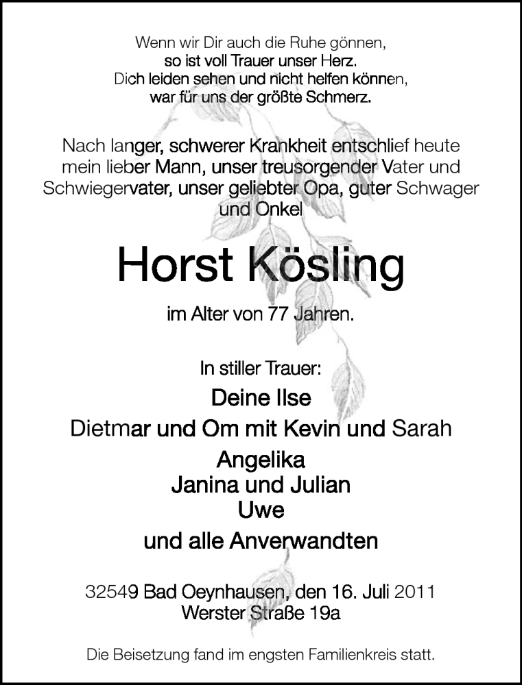  Traueranzeige für Horst Köslinganzeige vom 22.07.2011 aus Neue Westfälische