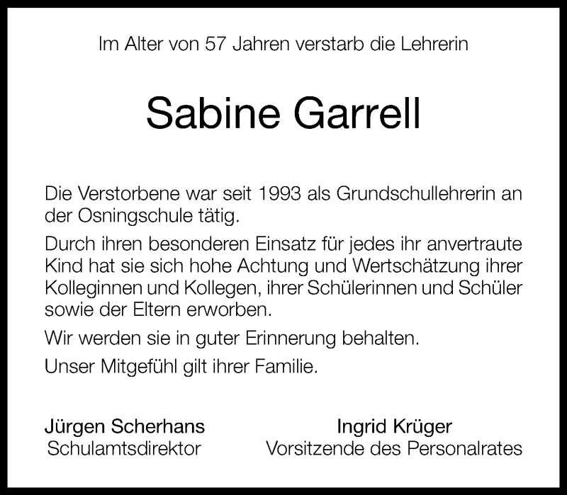  Traueranzeige für Sabine Garrell vom 14.09.2013 aus Neue Westfälische