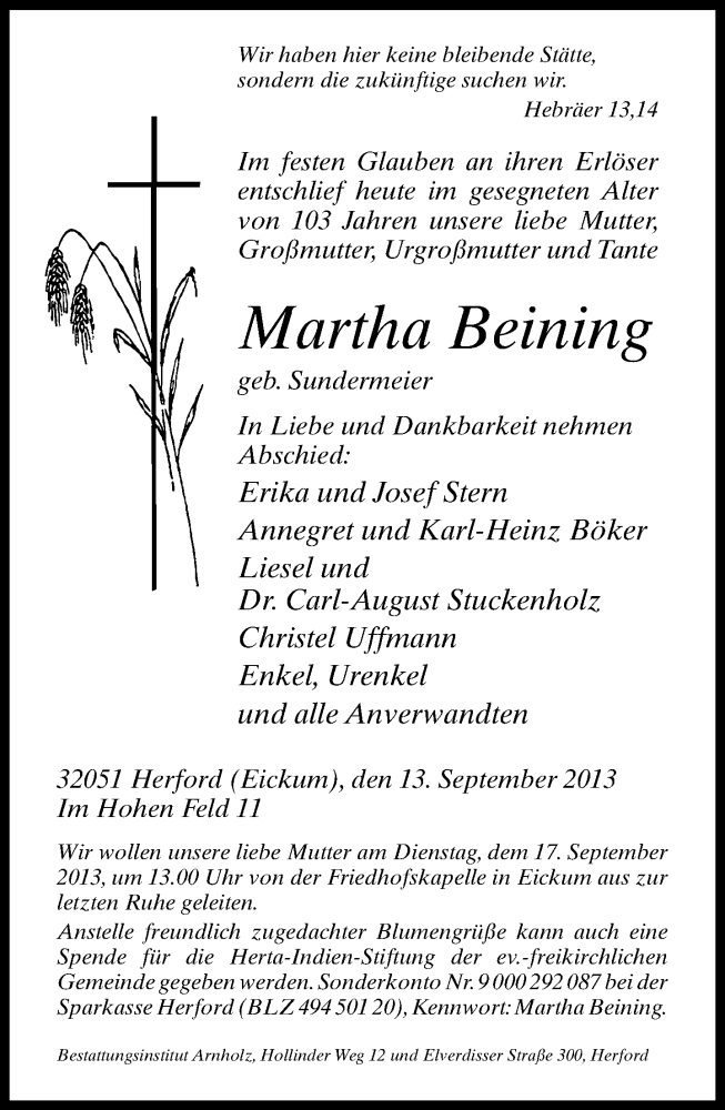  Traueranzeige für Martha Beining vom 14.09.2013 aus Neue Westfälische