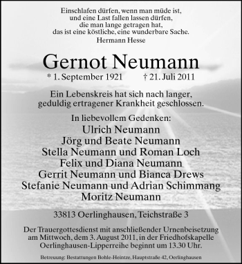 Traueranzeige von Gernot Neumann von Neue Westfälische