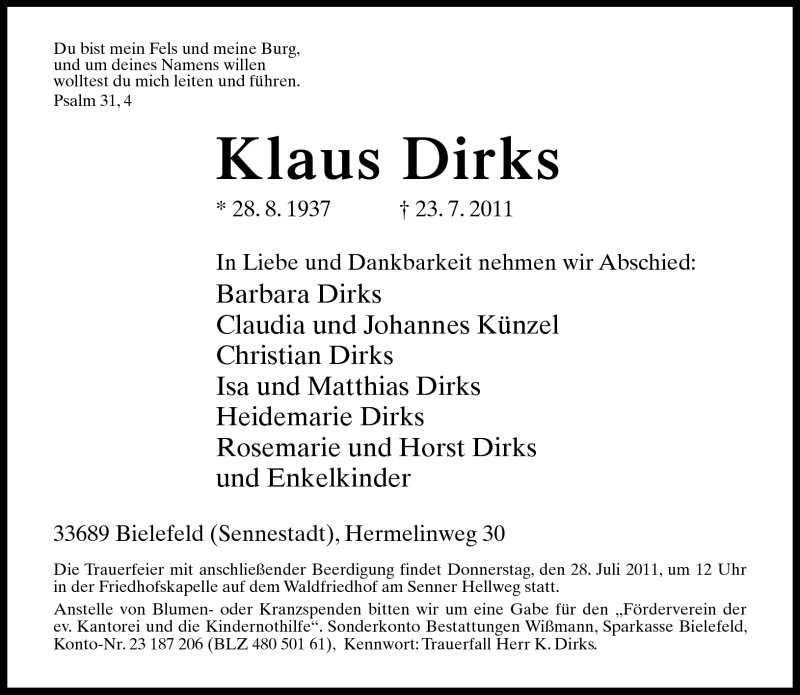  Traueranzeige für Klaus Dirks vom 25.07.2011 aus Neue Westfälische