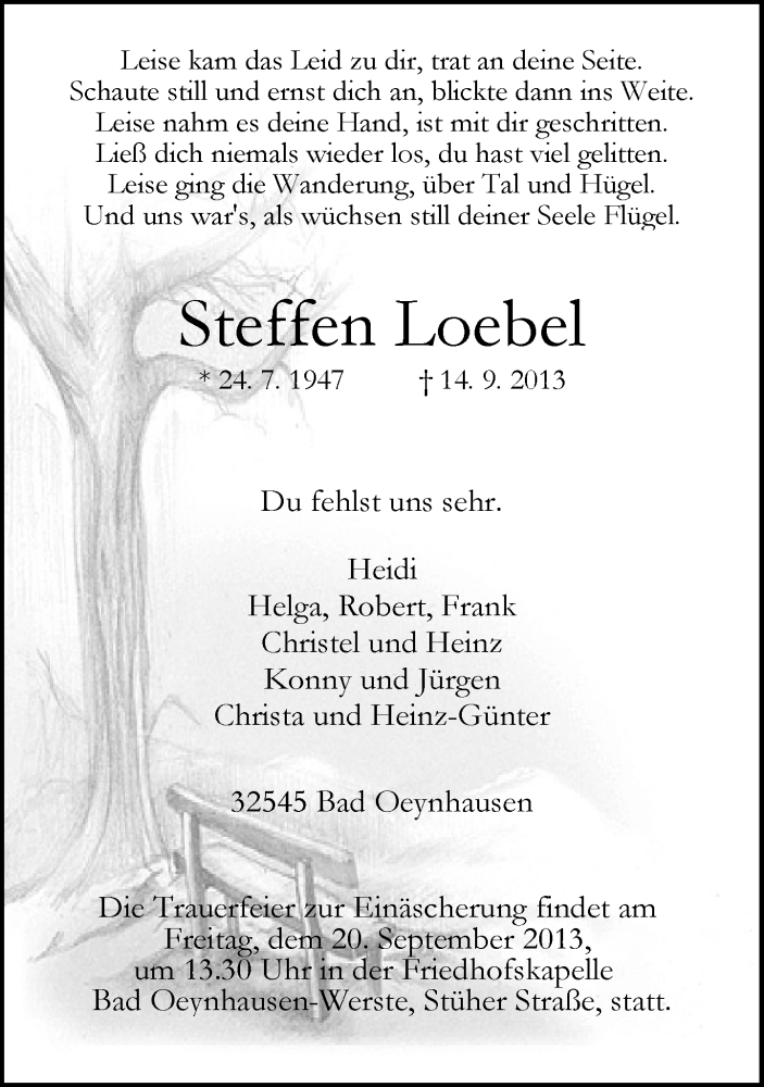  Traueranzeige für Steffen Loebel vom 17.09.2013 aus Neue Westfälische