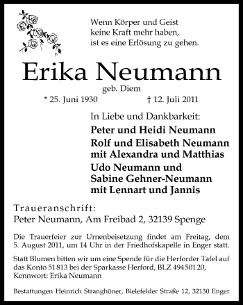 Traueranzeige von Erika Neumann von Neue Westfälische