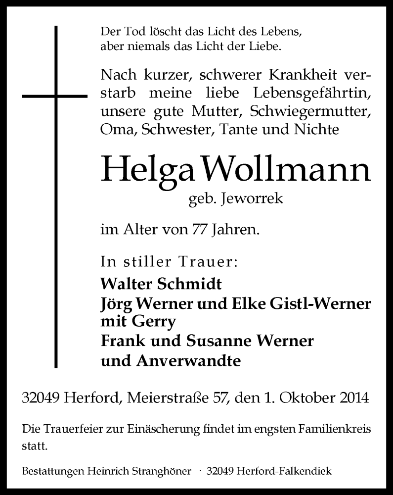  Traueranzeige für Helga Wollmann vom 03.10.2014 aus Neue Westfälische