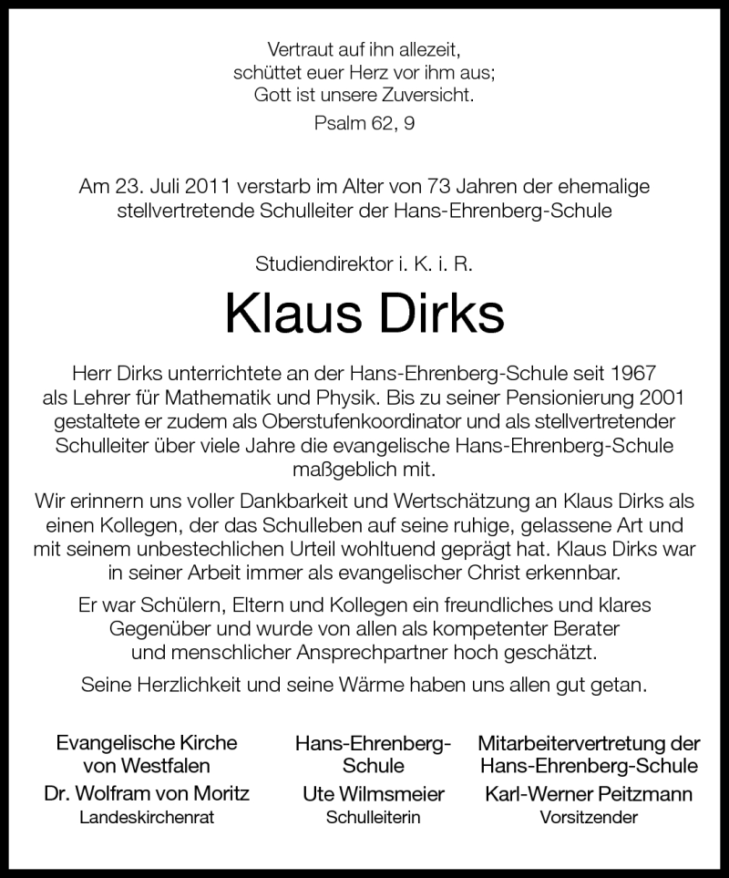  Traueranzeige für Klaus Dirks vom 29.07.2011 aus Neue Westfälische