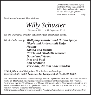 Traueranzeige von Willy Schuster von Neue Westfälische