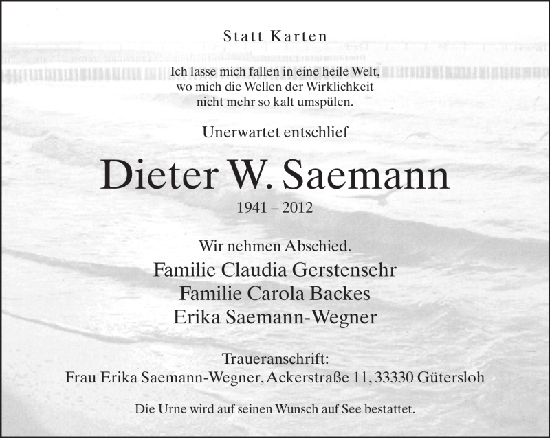  Traueranzeige für Dieter Saemann vom 28.08.2012 aus Neue Westfälische