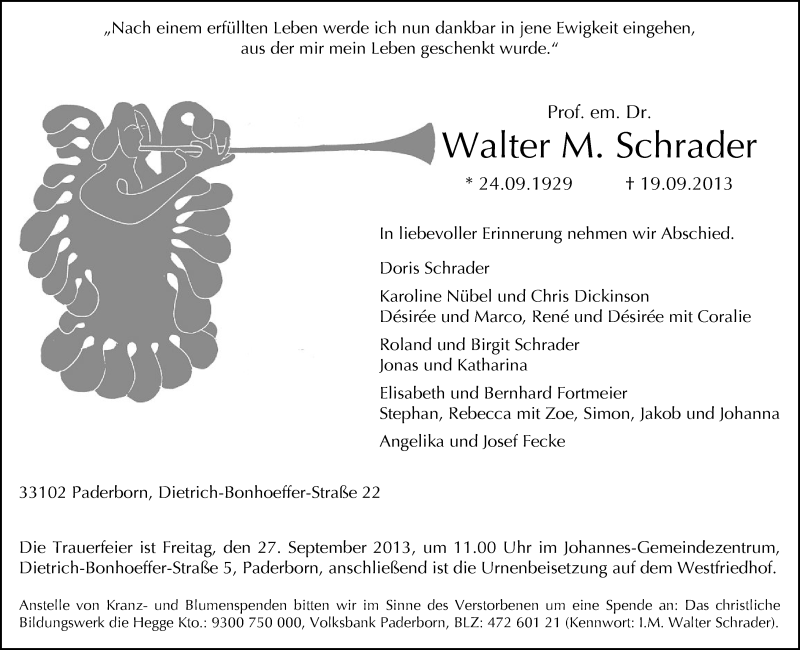  Traueranzeige für Walter Schrader vom 21.09.2013 aus Neue Westfälische
