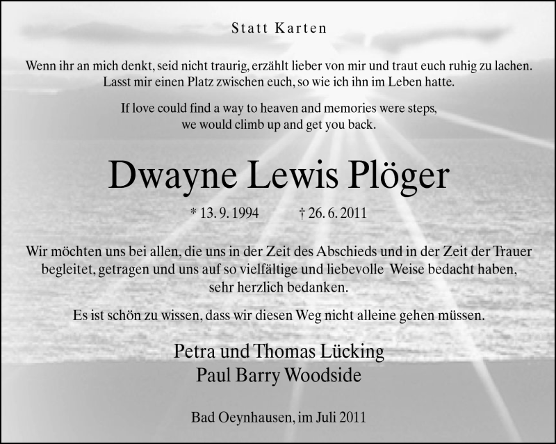  Traueranzeige für Dwayne Lewis Plöger vom 30.07.2011 aus Neue Westfälische