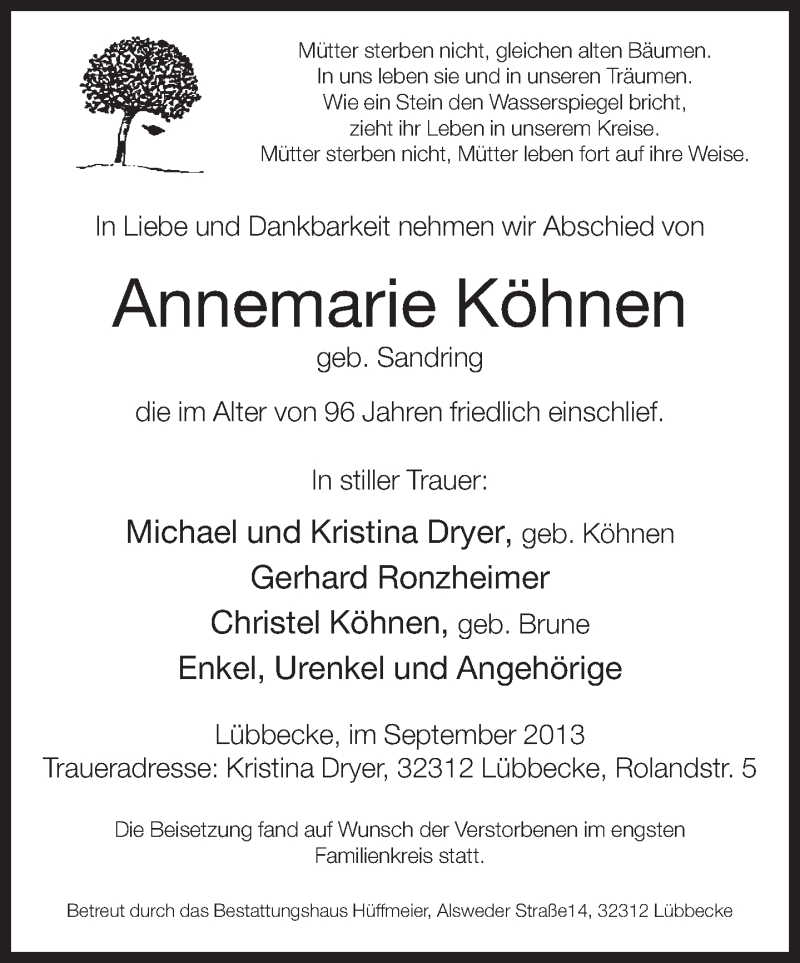  Traueranzeige für Annemarie Köhnen vom 28.09.2013 aus Neue Westfälische