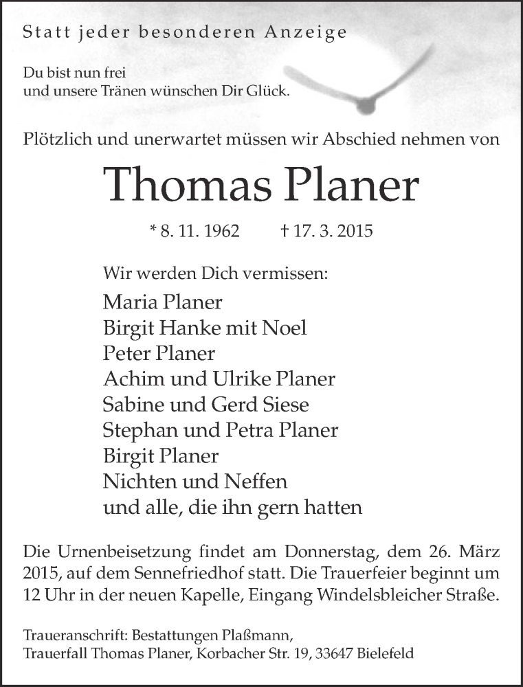  Traueranzeige für Thomas Planer vom 21.03.2015 aus Neue Westfälische