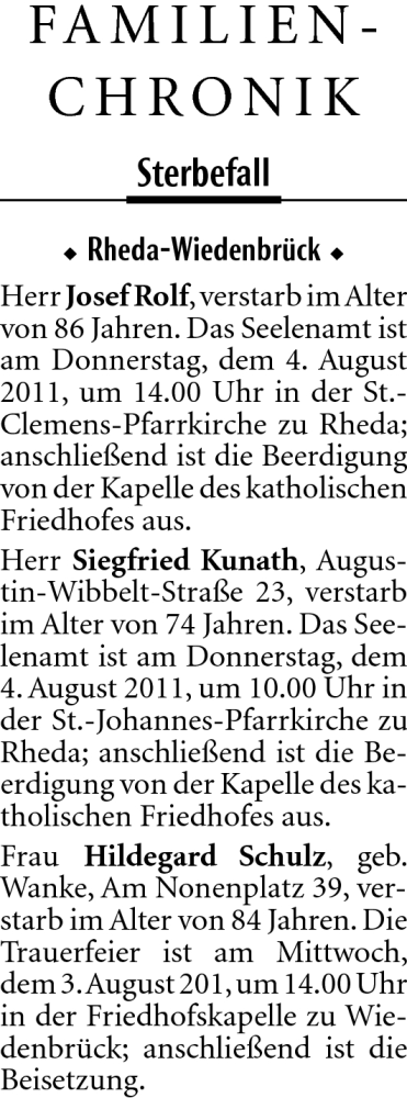  Traueranzeige für Josef Rolf vom 02.08.2011 aus Neue Westfälische
