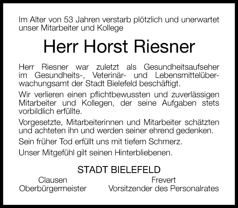  Traueranzeige für Horst Riesner vom 25.09.2013 aus Neue Westfälische