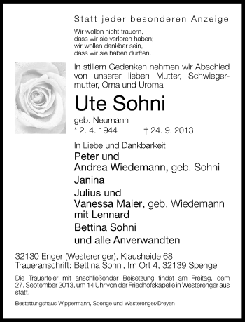 Traueranzeige von Ute Sohni von Neue Westfälische