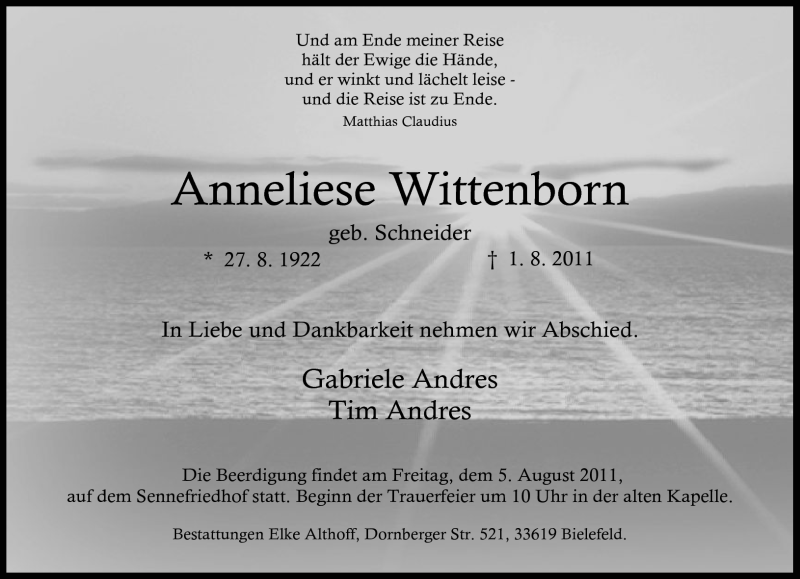  Traueranzeige für Anneliese Wittenborn vom 03.08.2011 aus Neue Westfälische