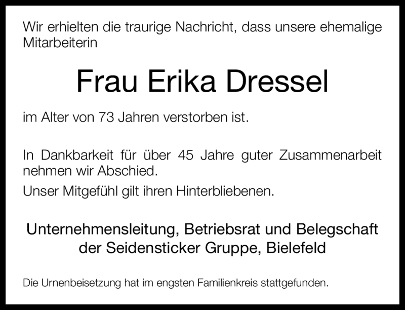  Traueranzeige für Erika Dressel vom 01.09.2012 aus Neue Westfälische