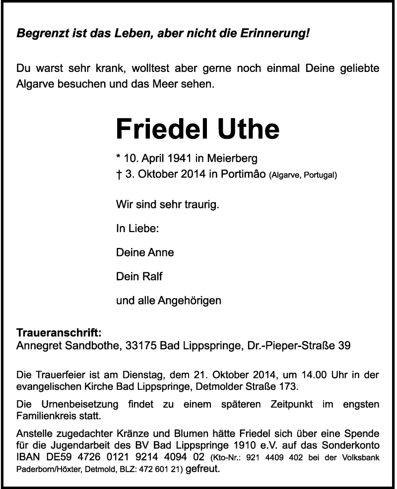  Traueranzeige für Friedel Uthe vom 11.10.2014 aus Neue Westfälische