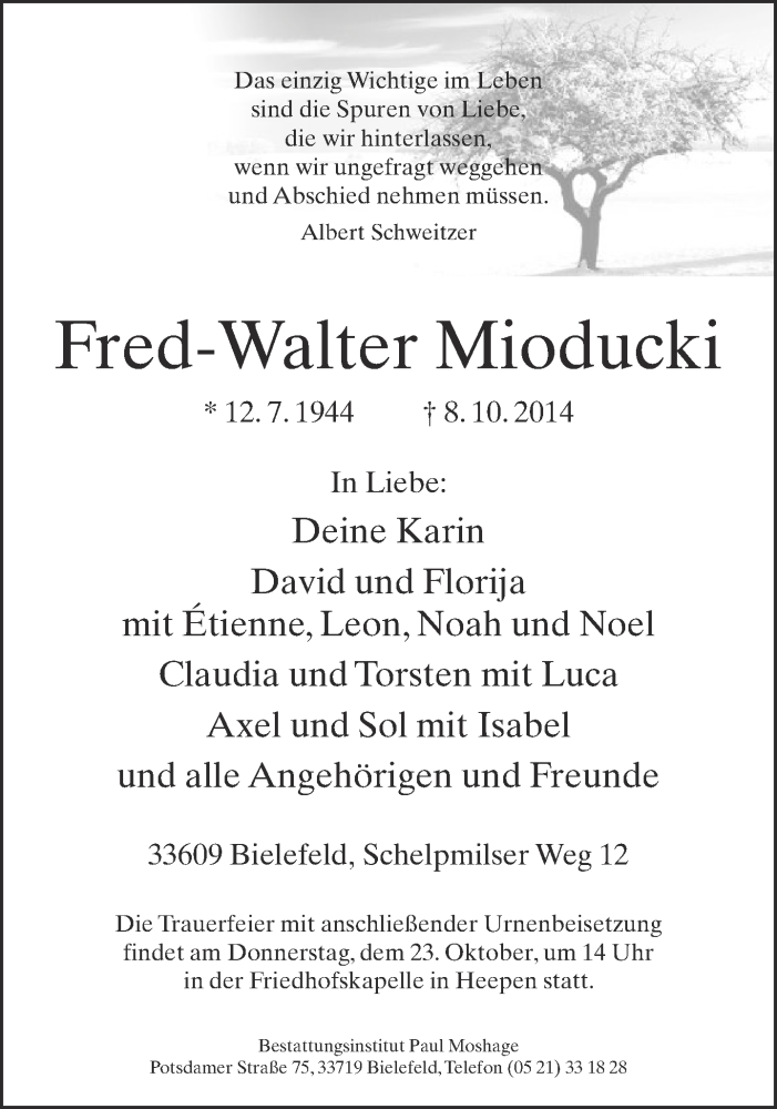  Traueranzeige für Fred-Walter Mioducki vom 18.10.2014 aus Neue Westfälische