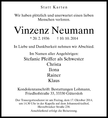 Traueranzeige von Vinzenz Neumann von Neue Westfälische