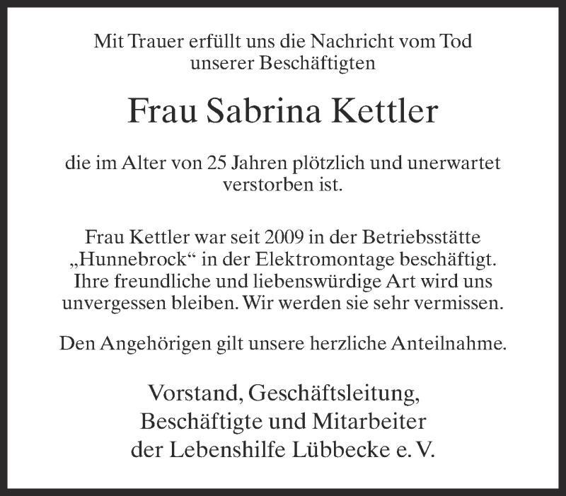  Traueranzeige für Sabrina Kettler vom 24.03.2015 aus Neue Westfälische