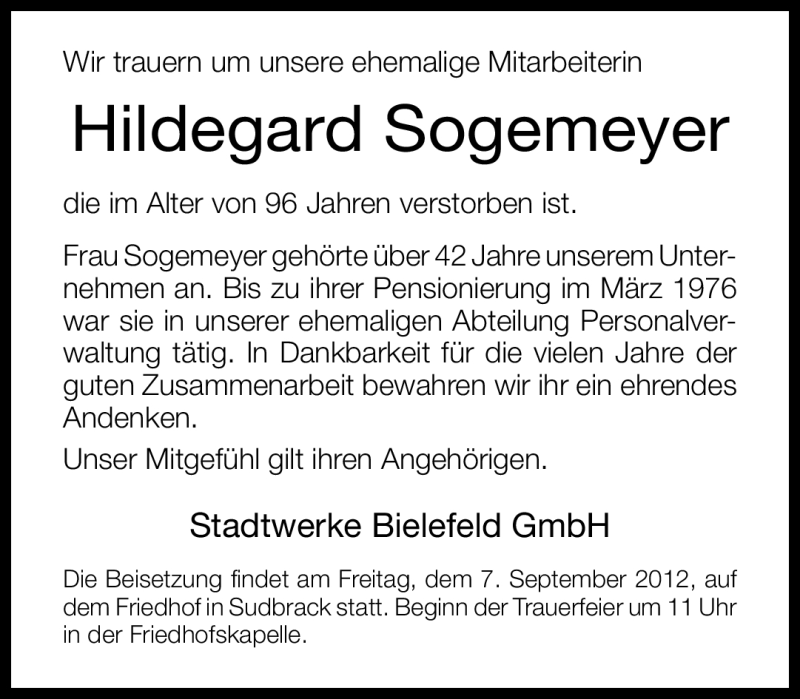  Traueranzeige für Hildegard Sogemeyer vom 01.09.2012 aus Neue Westfälische