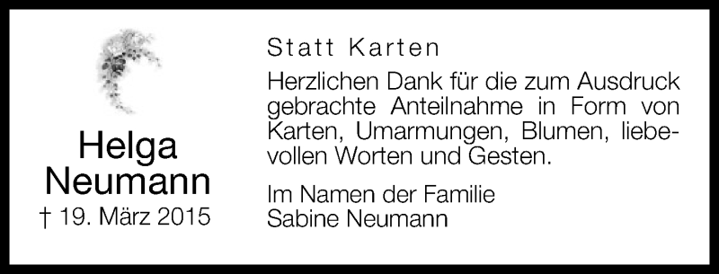  Traueranzeige für Helga Neumann vom 03.04.2015 aus Neue Westfälische