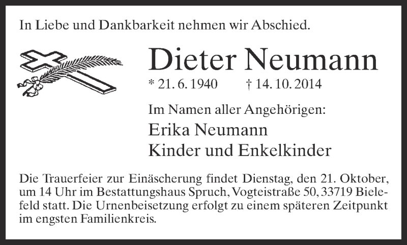  Traueranzeige für Dieter Neumann vom 18.10.2014 aus Neue Westfälische