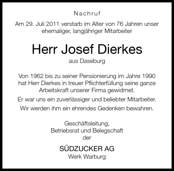 Traueranzeige von Josef Dierkes von Neue Westfälische