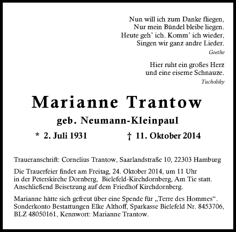  Traueranzeige für Marianne Trantow vom 18.10.2014 aus Neue Westfälische