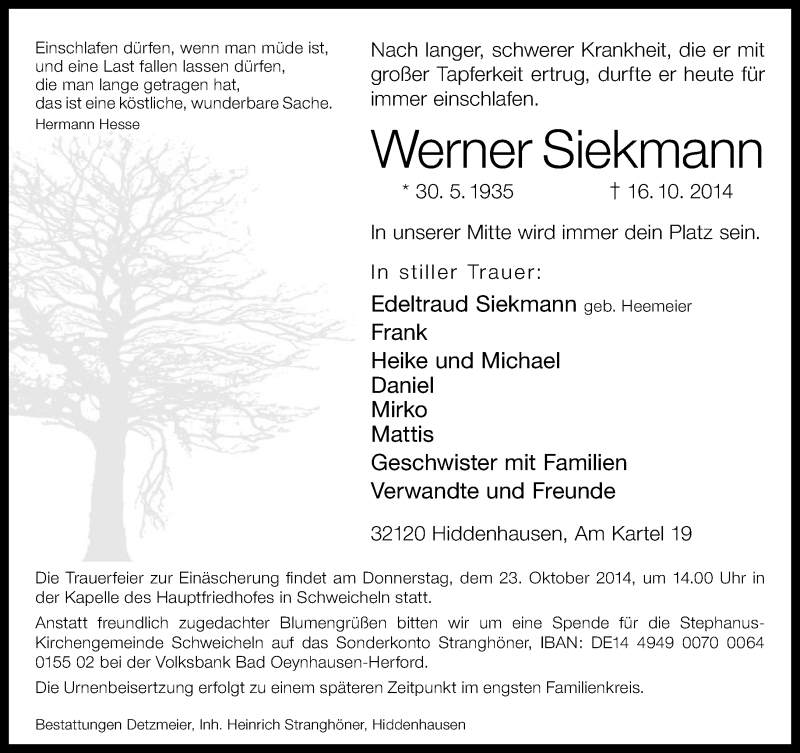  Traueranzeige für Werner Siekmann vom 18.10.2014 aus Neue Westfälische
