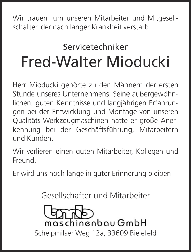  Traueranzeige für Fred-Walter Mioducki vom 21.10.2014 aus Neue Westfälische