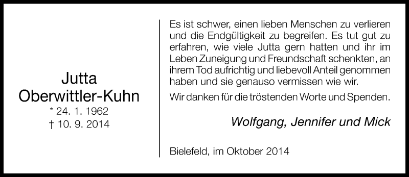  Traueranzeige für Jutta Oberwittler-Kuhn vom 25.10.2014 aus Neue Westfälische