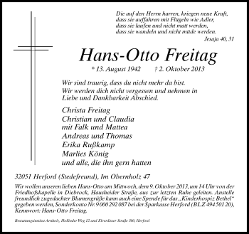 Traueranzeige von Hans-Otto Freitag von Neue Westfälische