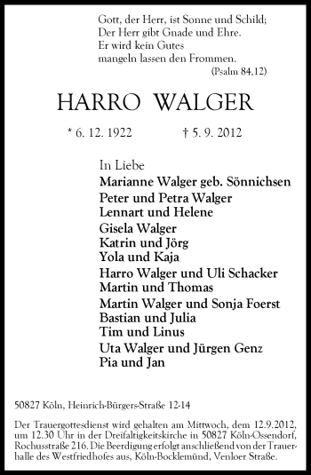 Traueranzeige von Harro Walger von Neue Westfälische