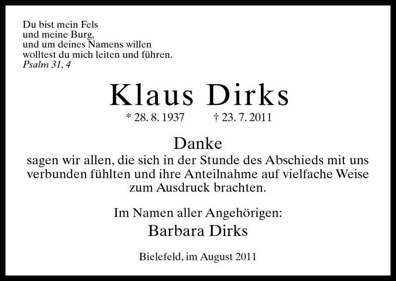  Traueranzeige für Klaus Dirks vom 13.08.2011 aus Neue Westfälische